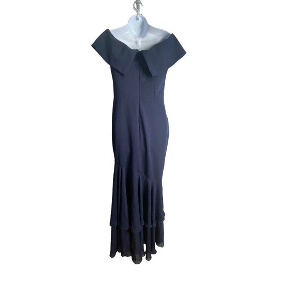 AQUA FORMAL Womens Navy Zippered Sheer Layered Off Shoulder Mermaid Size 10 - Picture 6 of 11